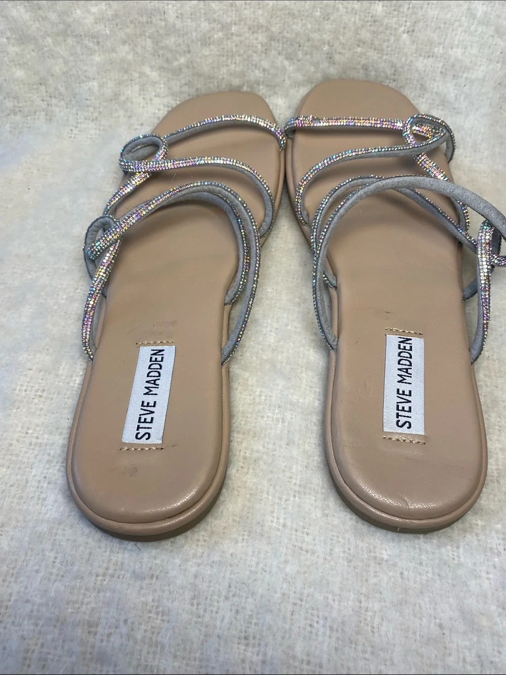 Steve Madden Tan Slide Sandals with Iridescent Beaded Straps